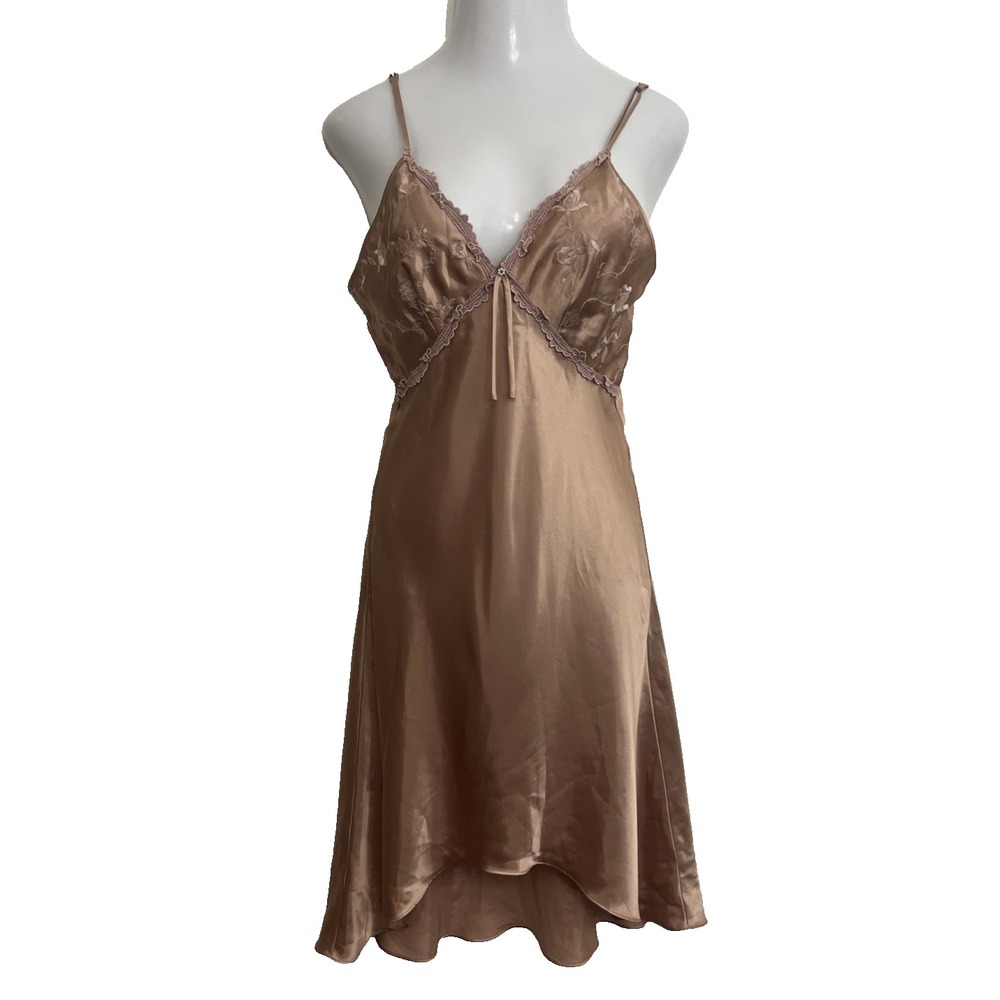 VTG Private Luxuries Gold Satin Slip Dress Nightgown Lace Trim Size M Adjustable